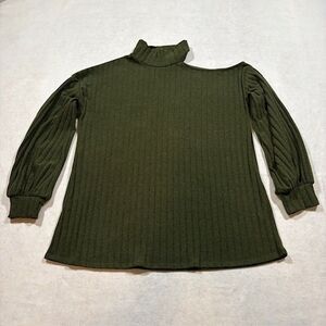 BiBi Womens XL Olive Green Cold Shoulder Ribbed Knit Sweater Long Sleeve Stretch